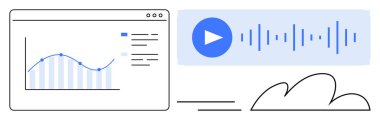 Çizgi grafiği, veri tablosu, ses dalgası ve bulut simgesinin yanında çalma düğmesi olan analiz grafiği. Teknoloji, bulut hesaplama, veri analizi, ses yazılımı, sanal hizmetler, basit yenilikler için ideal