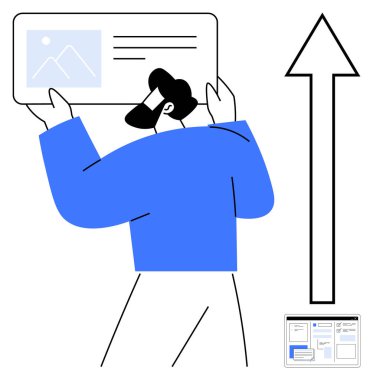 Adam veri tablosunu bilgiyle inceliyor ve büyümeyi ve ilerlemeyi sembolize eden yukarı doğru büyük bir ok grafiği çıkarıyor. Sunumlar, takım çalışması, analitik, başarı, strateji, planlama, başarı için ideal