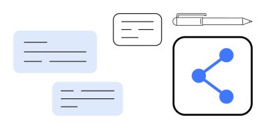 Sohbet baloncukları, paylaşım ikonu ve kalem ağ oluşturmayı, sosyal etkileşimi, iletişim araçlarını sembolize eder. Takım çalışması, sosyal medya, mesajlaşma, ağ yaratıcılığı işbirliği, basit iniş