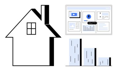 Performans verileri için minimalist ev taslağı, grafikleri, videoları ve istatistik tablosu olan dijital panel. Akıllı ev için ideal, IoT, veri analizi, enerji izleme, teknoloji ev otomasyonu