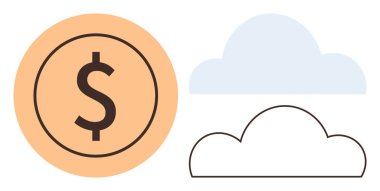 Dolu ve çizgili bulut şekilleriyle eşleştirilmiş dolar parası. Finans, dijital ekonomi, e-ticaret, yenilik, bulut hesaplama, online işlemler, fintech kavramları için idealdir. Basit düz metafor