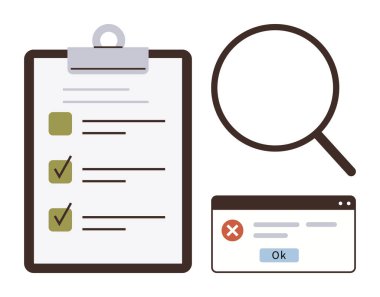 Keneleri ve boş kutuları olan pano kontrol listesi büyüteç ve hata açılır. Denetim, kalite kontrolü, sorun giderme, verimlilik, araştırma, analiz için ideal basit düz metafor