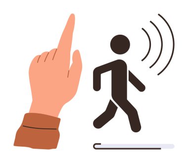 Genişletilmiş parmağıyla elini kaldırdı ve sinyal dalgalarıyla yürüyen bir figür oluşturdu. Teknoloji, ulaşılabilirlik, jest kontrolü, iletişim, yenilik, akıllı sistemler, kullanıcı etkileşimi için ideal. Çok basit.