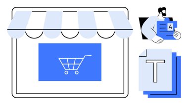 Mağaza vitrininde alışveriş arabası, elinde belge tutan kişi, metin sayfaları. E-ticaret, çevrimiçi alışveriş, dijital pazarlama, içerik oluşturma, dokümantasyon, perakende stratejileri için ideal basit iniş