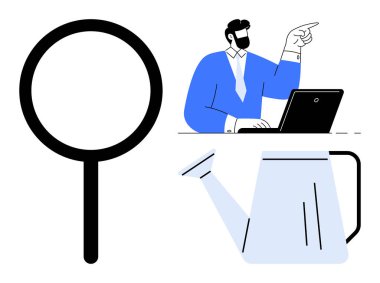 Diz üstü bilgisayarda çalışan bir adam, araştırma için büyüteç, büyüme için konserve sulama. İş stratejisi, araştırma, yenilik, takım çalışması, büyüme liderliği için ideal. Basit.