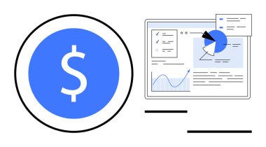 Finans paneli, pasta grafiği, çizgi grafiği ve analiz aletlerinin yanında dolar sembolü. Finans, analitik, veri raporlama, çevrimiçi bankacılık, iş planlama yatırım araçları için ideal