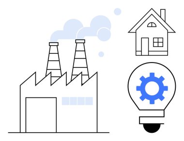 Ampulün içindeki duman yığınları, ev ve teçhizatlı fabrika enerji, üretim ve yenilikleri gösteriyor. Endüstri, enerji, sürdürülebilirlik, teknolojik yenilik çevre gelişimi için ideal