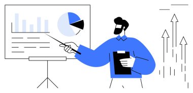 Ekranda pasta grafiğini ve çubuk grafiğini gösteren sunucu panoyu tutuyor. İş stratejisi, eğitim, liderlik, analitik, eğitim, takım çalışması büyümesi için ideal. Basit düz metafor