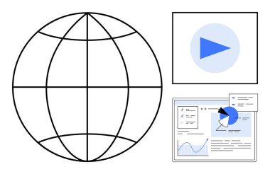 Küresel erişimi temsil eden küre, medya erişimi için oynat düğmesi ve veri içgörüsü için grafikleri olan gösterge paneli. Teknoloji, dijital pazarlama, analitik, takım işbirliği, küresel ağ için ideal