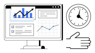 Bir saat ve el hareketiyle tamamlanmış büyüme grafiklerini, kontrol listelerini ve analizleri gösteren bilgisayar monitörü. Üretkenlik, veri analizi, proje yönetimi, verimlilik, takım çalışması için ideal