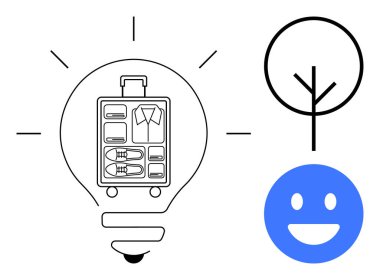 Ampulün içindeki organize bavul, soyut ağaç, mavi mutlu yüz. Seyahat, organizasyon, yenilik, eko-dostluk, refah, minimalizm için ideal basit iniş sayfası