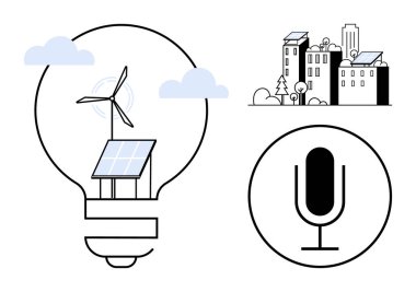 Rüzgar türbini ve güneş paneli olan ampul, güneş enerjisi kullanan şehir silueti, iletişim için mikrofon. Sürdürülebilirlik için ideal, eko-şehirler, yenilenebilir enerji, yenilik, yeşil teknoloji