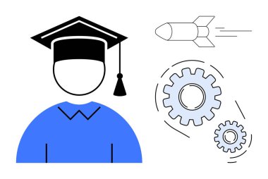 Mezuniyet şapkalı, birbirine kenetlenmiş iki vitesli ve uçan bir roketi olan biri. Eğitim, yenilik, gelecekteki hırslar, teknoloji, beceri geliştirme, bilim ve başarı için idealdir. Basit düz metafor