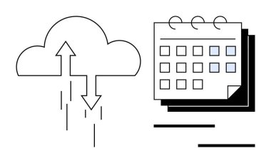 Zamanlama için bir takvimin yanında yükleme ve indirmeyi temsil edecek okları olan bir bulut. Teknoloji, veri depolama, bulut hizmetleri, iş akışı yönetimi, organizasyon, planlama, dijital
