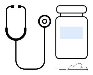 Bir ilaç şişesinin yanında steteskop, sağlık, tedavi, teşhis ve tıbbi aletleri vurguluyor. Tıbbi yardım, önleme, danışma, sağlık ilaç endüstrisi ve sağlık için ideal