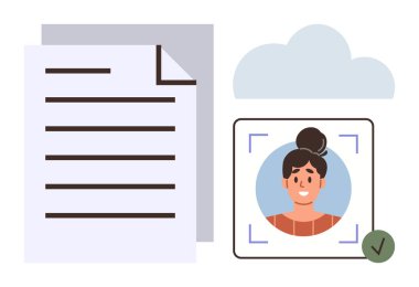 Çizgileri olan belge, kare çerçeveli portre fotoğrafı, işaretli ve bulut. Kimlik doğrulama, dijital dönüşüm, çevrimiçi güvenlik, veri depolama, bulut çözümleri, kişisel