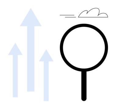 Yukarıya bakan okların yanındaki büyüteç, yukarıdaki basit bir bulut çizimi ile analizi, ilerlemeyi ve büyümeyi simgeler. İş için ideal, yenilik, araştırma, büyüme, arzu, fırsat stratejisi