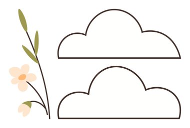 İki basit bulut şekli, açık renk çiçekler ve yeşil yaprakların yer aldığı bir çiçek dalı ile siyaha çizilmiş. Doğa temaları, minimalizm, botanik, hava, rahatlama, ekolojik kavramlar ve organik kavramlar için idealdir.