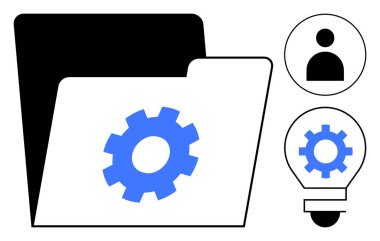 Teçhizatlı dizin veri örgütü ve yönetimi sembolize eder. Yenilik ve işbirliği için gerekli donanıma sahip kullanıcı simgesi ve ampul içerir. Teknoloji, takım çalışması, strateji, yaratıcılık için ideal