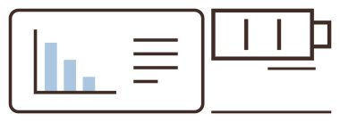 Metin satırlarının yanında üç veri noktası olan çubuk çizelgesi, enerji durumunu gösteren pil simgesi. Analiz, enerji, performans, sürdürülebilirlik, üretkenlik, verimlilik teknolojisi kavramları için idealdir. Basit.