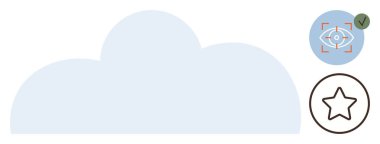 Onaylanmış ve çizilmiş yıldız ikonu olarak işaretlenmiş bir çemberin içindeki odaklanmış göz şeklindeki bulut şekli. Depolama, kalite güvencesi, başarı, onay, odaklanma, favori ve teknoloji için ideal. Basit düz metafor