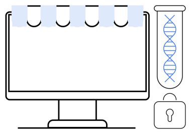 Üzerinde test tüpleri olan bilgisayar monitörü, üzerinde kilit simgesi olan bir şişe içinde DNA ipliği. Bilim, biyoteknoloji, veri gizliliği, araştırma, sağlık hizmetleri, siber güvenlik yeniliği için idealdir. Basit düz metafor