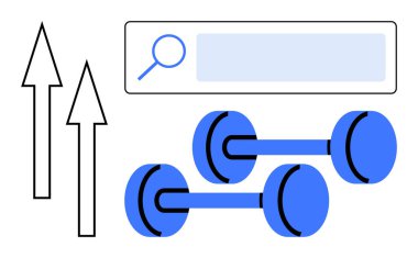 Mavi dambıllar, büyüteçle arama çubuğu ve iki yukarı ok ilerlemeyi gösteriyor. Fitness, kendini geliştirme, büyüme, eğitim, motivasyon, sağlık sade iniş sayfası için ideal