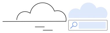 Bir bulut ve mavi grafik arama çubuğu ve büyüteç simgesi. Bulut hesaplama, veri depolama, internet erişimi, araştırma, teknoloji, yenilik, basit iniş sayfası için ideal