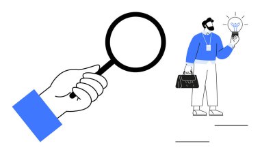 Fikir arayan, ampul ve evrak çantalı bir profesyonelin eline büyüteç verin. Yenilik, araştırma, problem çözme, yaratıcılık, analiz, iş stratejisi, basit düz metafor