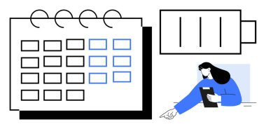 İşaretli tarihli takvim, düşük pil simgesi, odaklı pano tutan kadın. Zamanlama, verimlilik, görev yönetimi, teslim tarihleri, iş-yaşam dengesi, zaman örgütü sade iniş için ideal