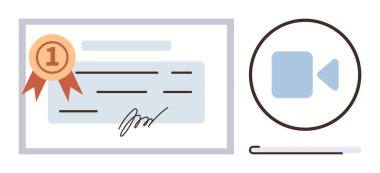 Bir dijital video simgesinin yanında kurdele bulunan ödül sertifikası, başarıyı temsil eden, çevrimiçi kurslar, e-öğrenim, sertifika programları, tanınma, eğitim, eğitim ve basit bir düz metafor