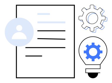 Kullanıcı profili simgesi, vites gösterme süreci, ampul vurgulama fikirleri içeren belge. Üretkenlik, takım çalışması, fikirler, süreçler, kullanıcı odaklı yenilik yaratıcılığı için idealdir. Basit düz metafor