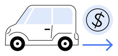 Küçük araba ve bir dolarlık para, okla birlikte para akışı, maliyet, işlemler, kiralama. Ulaşım, bütçe, kredi, yatırım hareketlilik sigortası için ideal. Minimalist daire