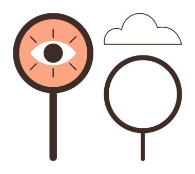 Boş çember ve bulutun yanındaki işaret direğinin içindeki göz. Görme, yön, gözlem, basitlik, farkındalık, denge ve farkındalık için idealdir. Temiz düz metafor