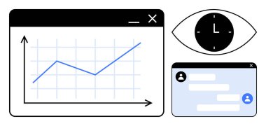 Yukarı doğru eğilimli grafikler, bir göz sembolü içindeki saat ve mesaj arayüzü. Analiz, üretkenlik, iletişim, izleme, büyüme, zaman yönetimi için ideal basit iniş sayfası