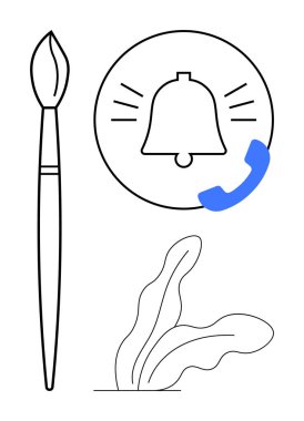 Boya fırçası, çağrı simgesiyle uyarı zili çalmak ve yaratıcılığı, uyanıklığı ve bağlantıyı resmeden soyut yapraklar. Yaratıcılık, iletişim, sanatçılık, bildirimler için idealdir