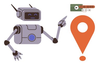 Gülümseyen robot, turuncu bir konum işaretçisini işaret ederken dijital arayüzle etkileşime geçiyor. Teknoloji için ideal, yapay zeka, konum hizmetleri, iletişim, robotik, navigasyon