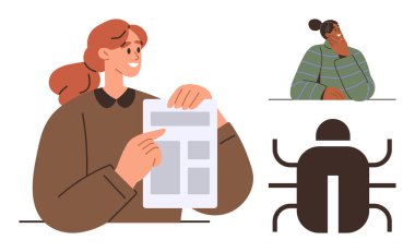 Belgeyi gülümseyen bir ifadeyle sunan kadın, düşünceli duruşu olan bireysel kafa yoran, ekranda böcek simgesi. Takım çalışması, yazılım testi, raporlama, analiz, problem çözme için ideal