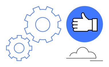 Birbirine dolanmış iki vites mavi bir daire ve minimalist bir bulutun başparmak kaldırma simgesini tamamlıyor. Takım çalışması, verimlilik, yenilik, başarı, teknoloji, olumlu geri bildirim, basit iniş sayfası için ideal