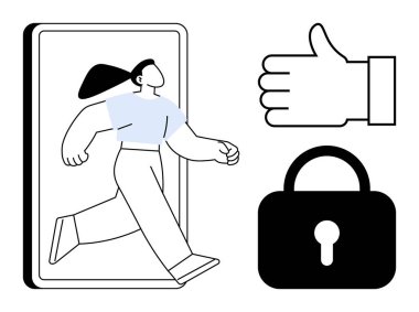 Akıllı telefondan adım atan bir kadın erişim ve gelişmeyi simgeler. Onaylanmak ve güvenlik için baş parmaklarla eşleştirilir. Teknoloji, yenilik, mahremiyet, onay, özgürlük, hareketlilik için ideal