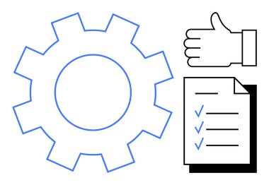 İşaretli öğeler ve iş akışını, verimliliği ve başarıyı temsil eden başparmak kaldırma simgesiyle birlikte büyük vites. Takım çalışması, proje yönetimi, hedef belirleme, iş stratejisi için ideal
