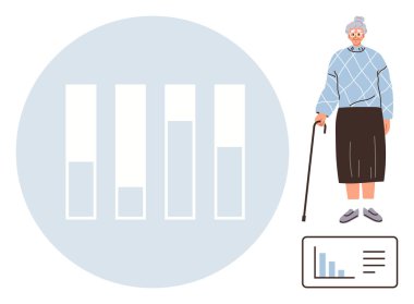 Elinde baston olan yaşlı bir kadın bir bar çizelgesi ve veri şebekesinin yanında duruyor. Yaşlanma, sağlık, demografik çalışma, istatistik, araştırma, nüfus eğilimleri ve veri görselleştirme temaları için idealdir. Basit.