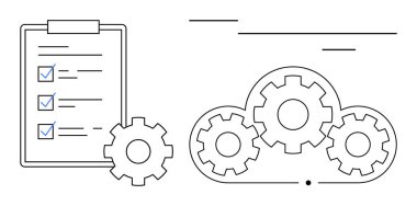 Tamamlanmış görevleri ve birbirine kenetlenmiş vitesleri olan kontrol listesi. Proje planlaması, süreç otomasyonu, görev öncelikleri, üretkenlik, bulut hesaplama, strateji, iş akışı için ideal