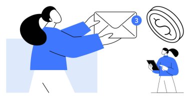 Kadının elinde e-posta zarfı, uyarı rozeti, yakınlarda yüzen bozuk para sembolü, küçük rakamlar tableti var. E- posta pazarlama, iletişim, bildirimler, finans, organizasyon, takım çalışması için ideal