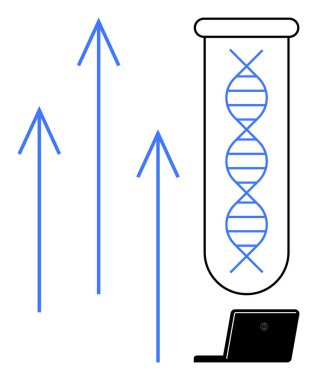 DNA iplikli test tüpü, ilerlemeyi sembolize eden yukarı oklar ve teknoloji entegrasyonu için dizüstü bilgisayar. Bilim, teknoloji, yenilik, biyoteknoloji, veri analizi ilerleme araştırması için idealdir. A