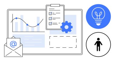 Çizgi grafiği, bar çizelgesi, kontrol listesi, zarf, dişli, ampul ve insan simgesi olan veri paneli. Analiz, işbirliği stratejisi, iletişim projesi yönetimi yeniliği için ideal