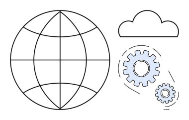 Küre, bulut ve birbirine bağlı vitesler küresel teknolojiyi, bulut hizmetlerini, işbirliği ve yeniliği sembolize ediyor. Ağ oluşturma, bilişim ve küreselleşme sistemleri otomasyon iletişimi için ideal
