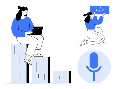 Dizüstü bilgisayarda çalışan bir kadın, başka bir program kodlama paneli. Yakınlarda bir mikrofon ikonu var. Teknoloji, kodlama, büyüme, veri analizi, verimlilik, uzaktan iniş için ideal
