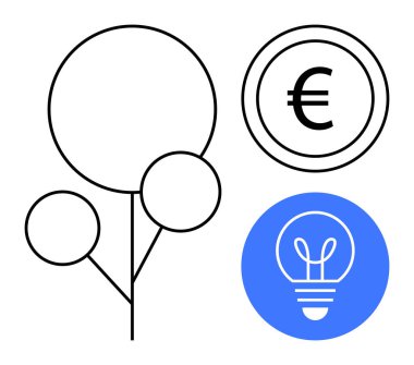 Geometrik şekilli stilize ağaç, Avro bozuk para ve mavi daireli ampul ikonu. Sürdürülebilirlik, enerji tasarrufu, çevre dostu iş, yenilik, finans, yeşil ekonomi için ideal