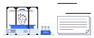 3D yazıcı, bağlı laboratuvar ekipmanları ve belgelerle birlikte insan kalbi modeli yapıyor. Tıbbi yenilik, teknoloji, gelecekteki sağlık hizmetleri, 3D baskı, eğitim, mühendislik için ideal